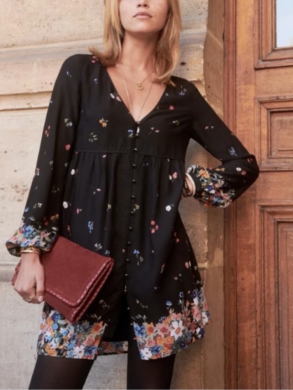 NWOT Sezane Carina Dress Black Floral V-Neck Button-Front Tunic